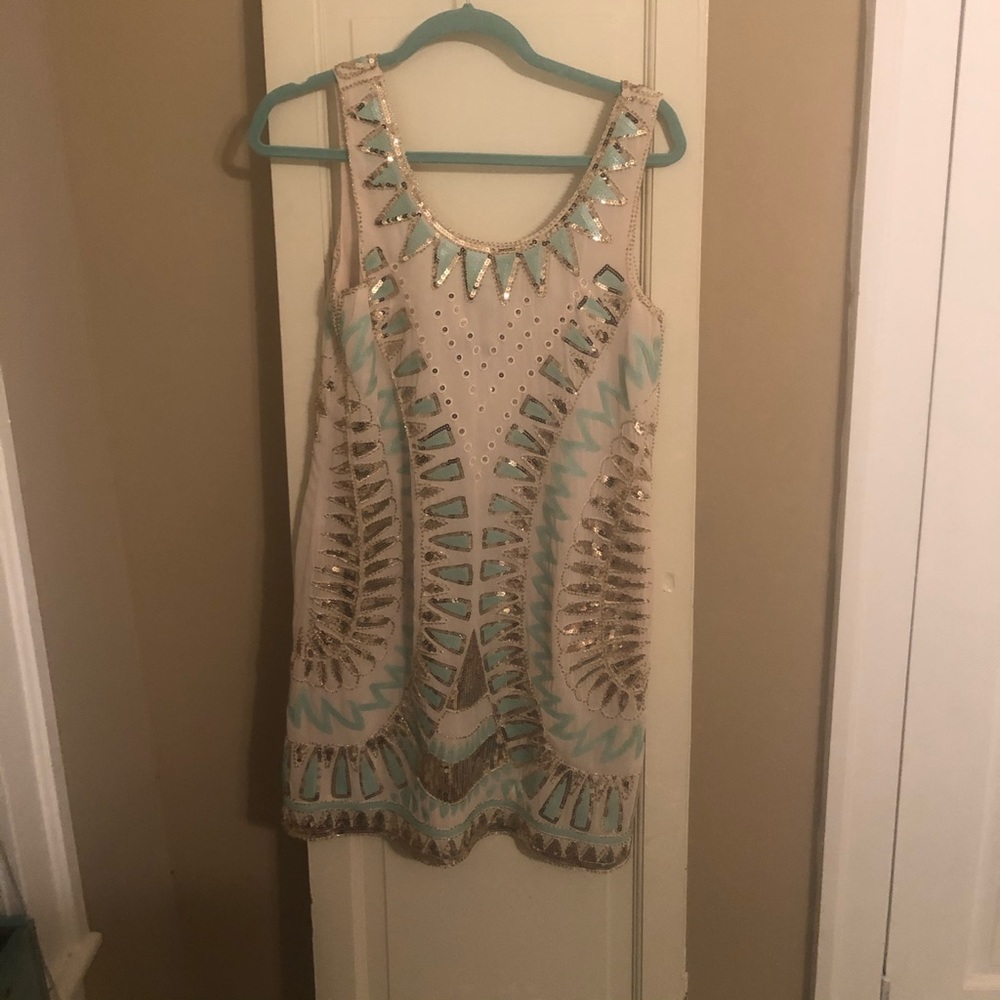 EUC Verty Sequin Dress Size Small Blues and Tan